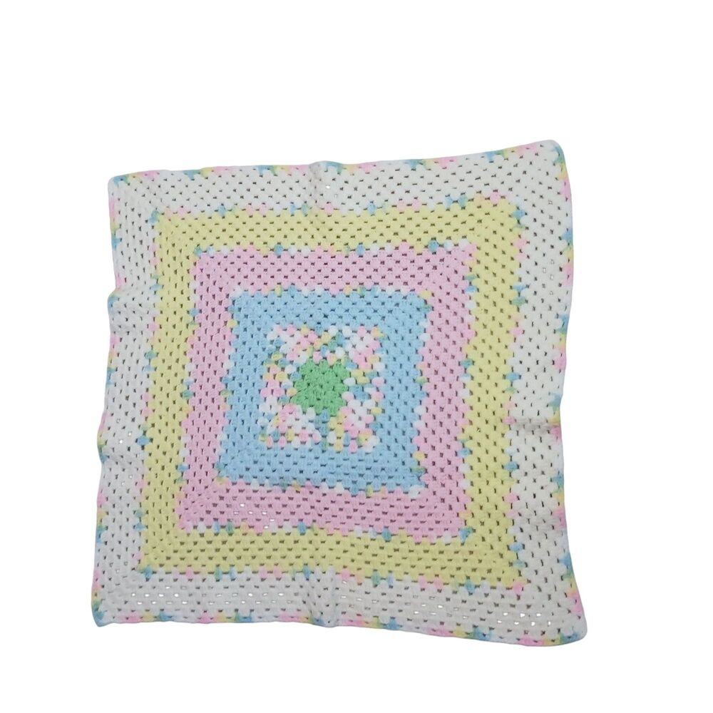 Handmade Crocheted  BABY BLANKET AFGHAN Square Pink Blue Yellow White